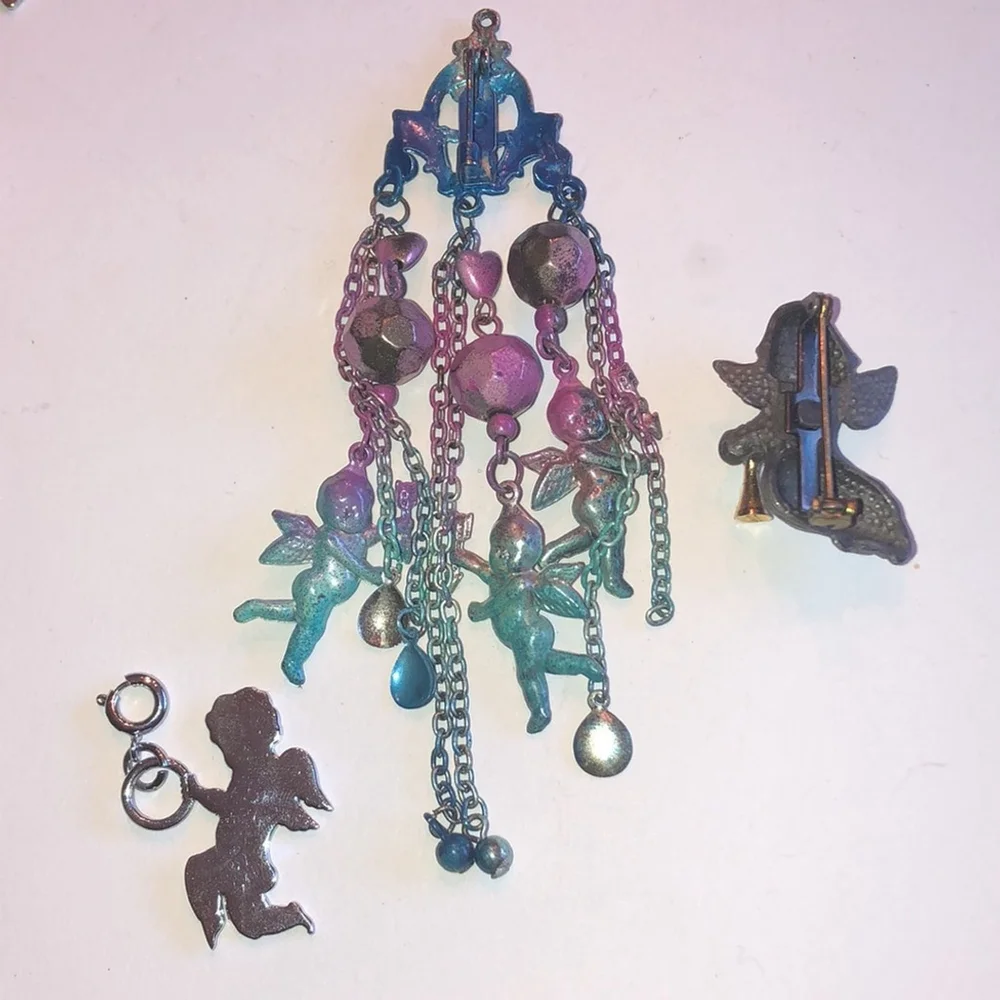 Angel Pins & Charm Colorful Boho Brooch Pewter Shoulder Pin Silver Tone Charm